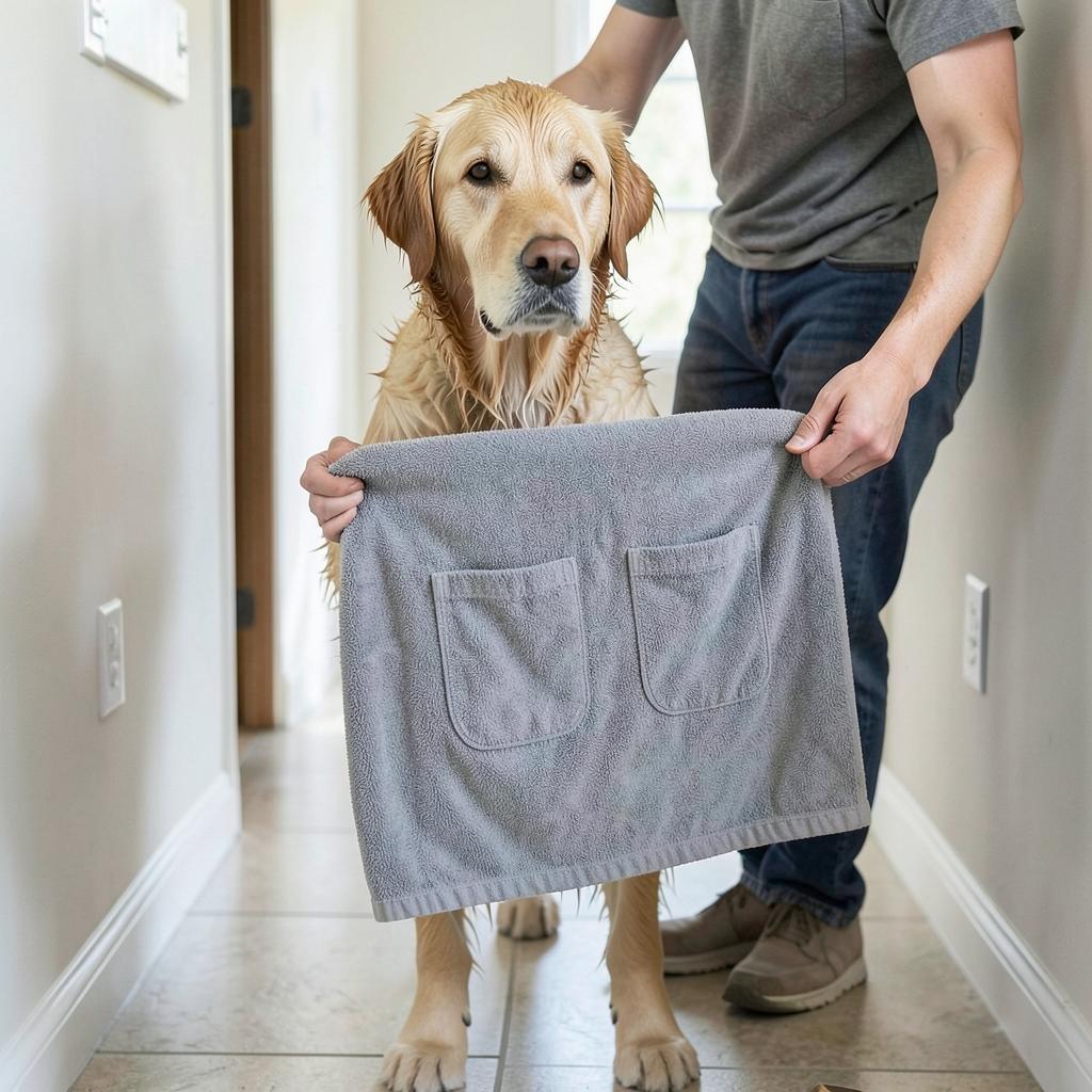 DyreSmart mikrofiberhåndkle med potelommer til hund i bruk