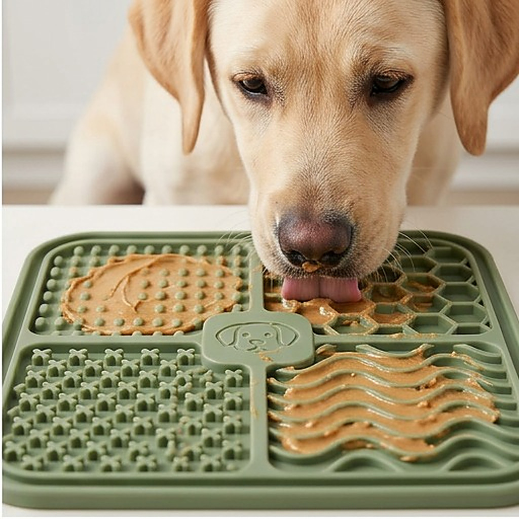 DyreSmart slikkematte i silikon til hund og katt i bruk
