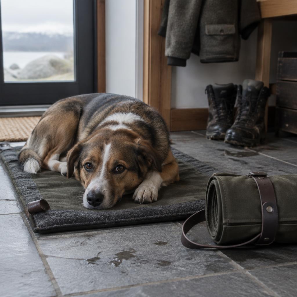 DyreSmart sammenleggbar reisematte til hund i bruk