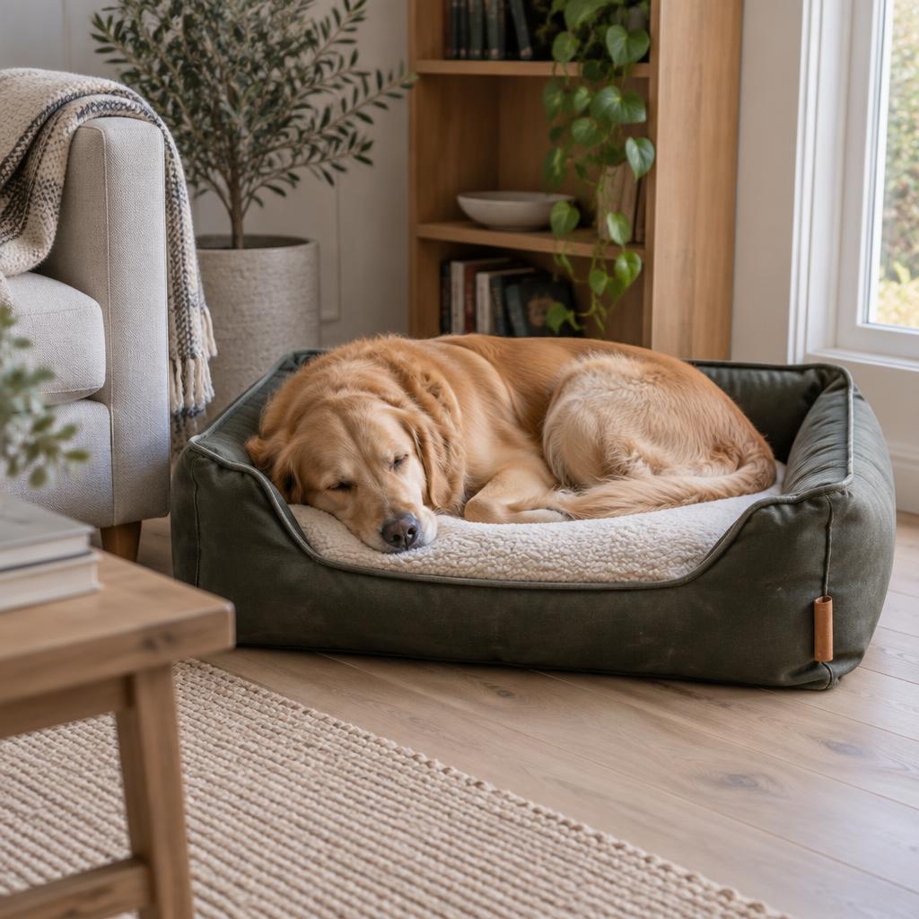 DyreSmart hundeseng i vokset kanvas med ullpute sett ovenfra
