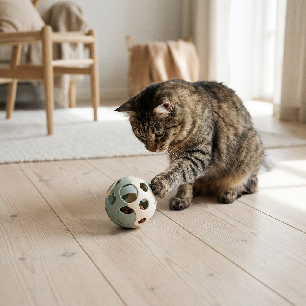 DyreSmart aktiviseringsball med godbiter til katt sett ovenfra