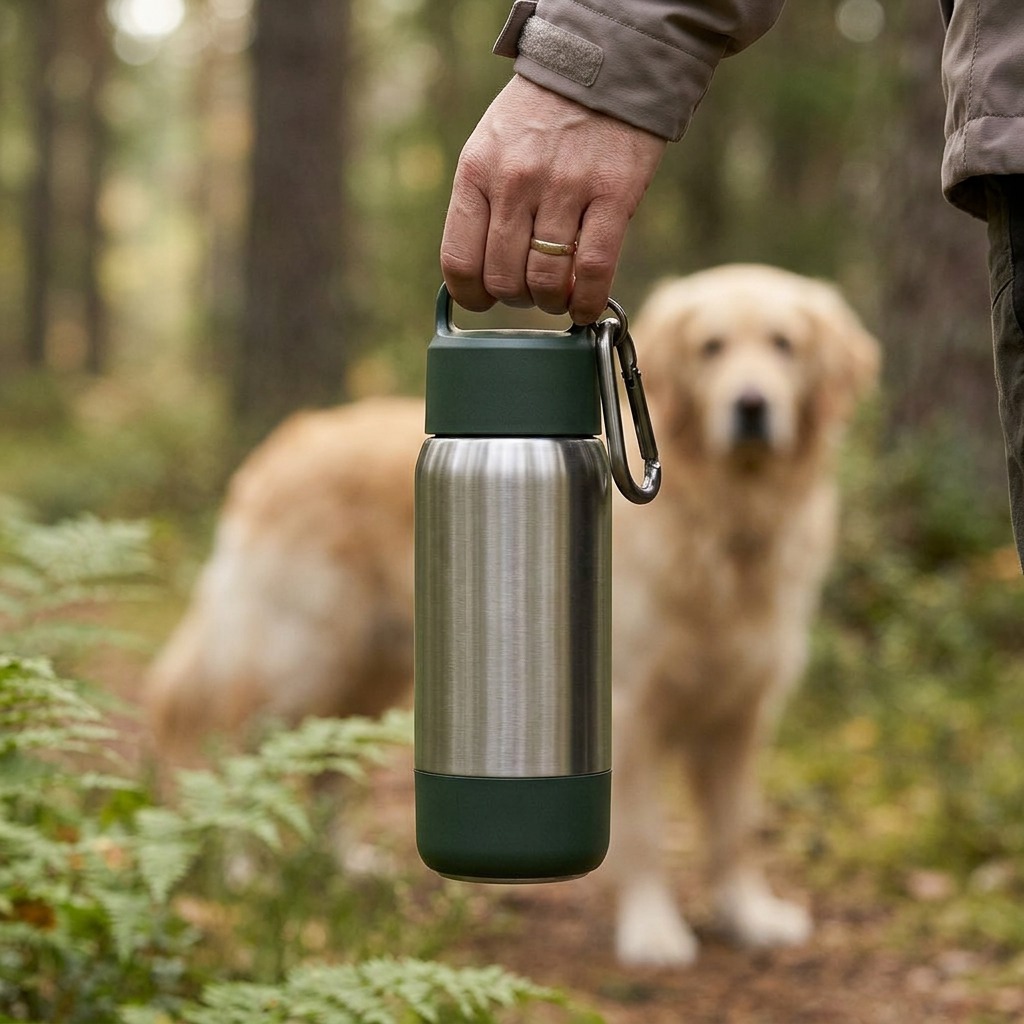 DyreSmart drikkeflaske med skål til hund sett ovenfra