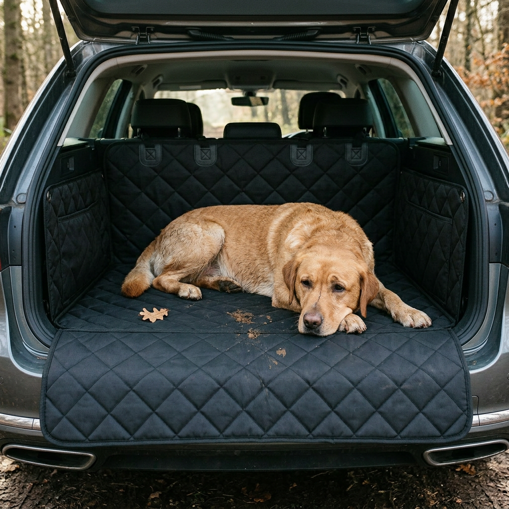 DyreSmart bagasjeromsmatte til bil med hund sett ovenfra