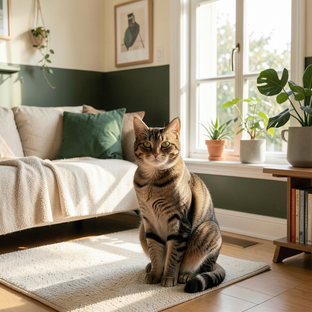 Stripete katt i en lys stue